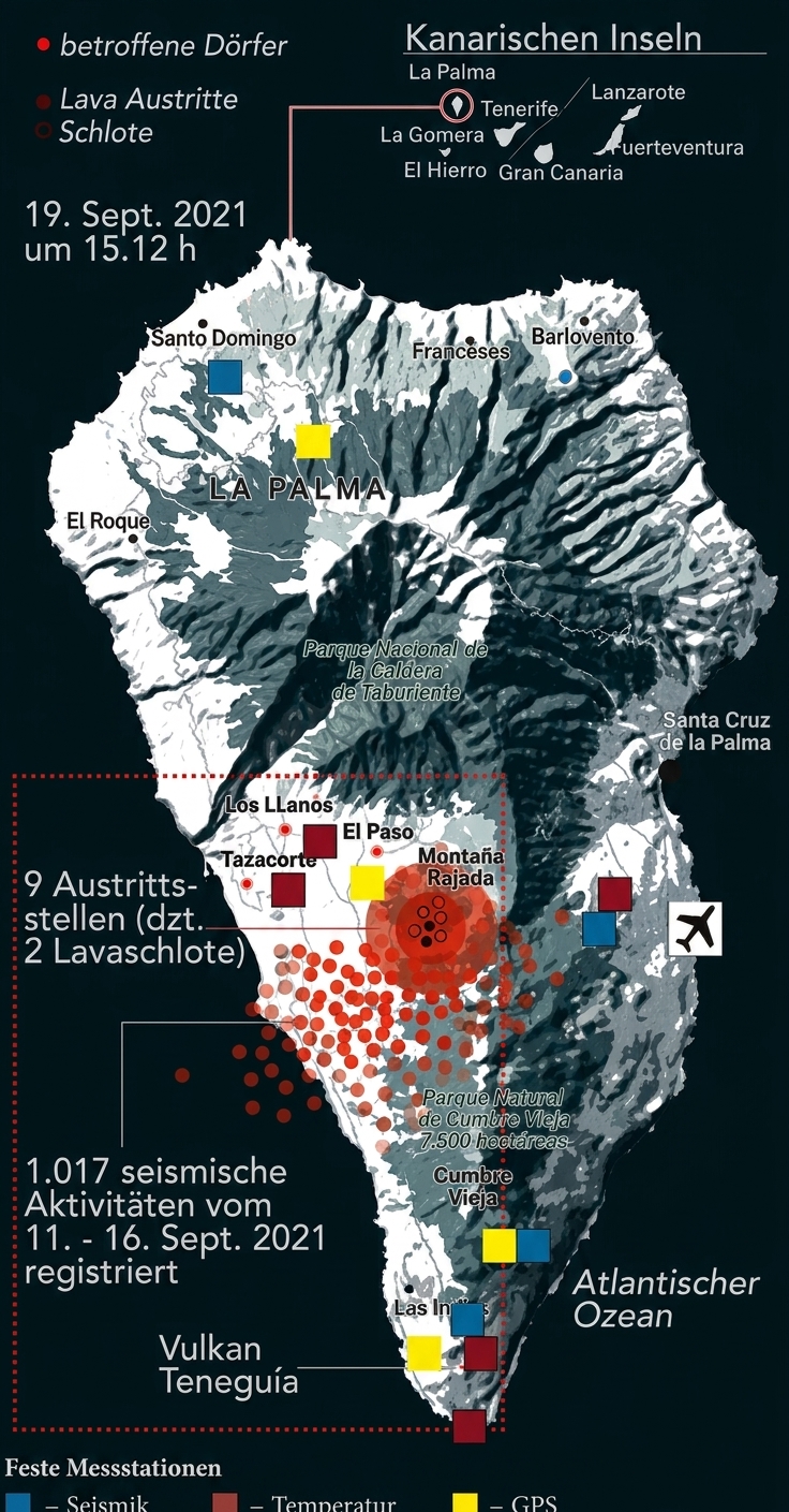 Karte von La Palma mit Vulkan-Ausbruch, Lavaaustritten, betroffenen Dörfern und Messstationen (19. Sept. 2021)